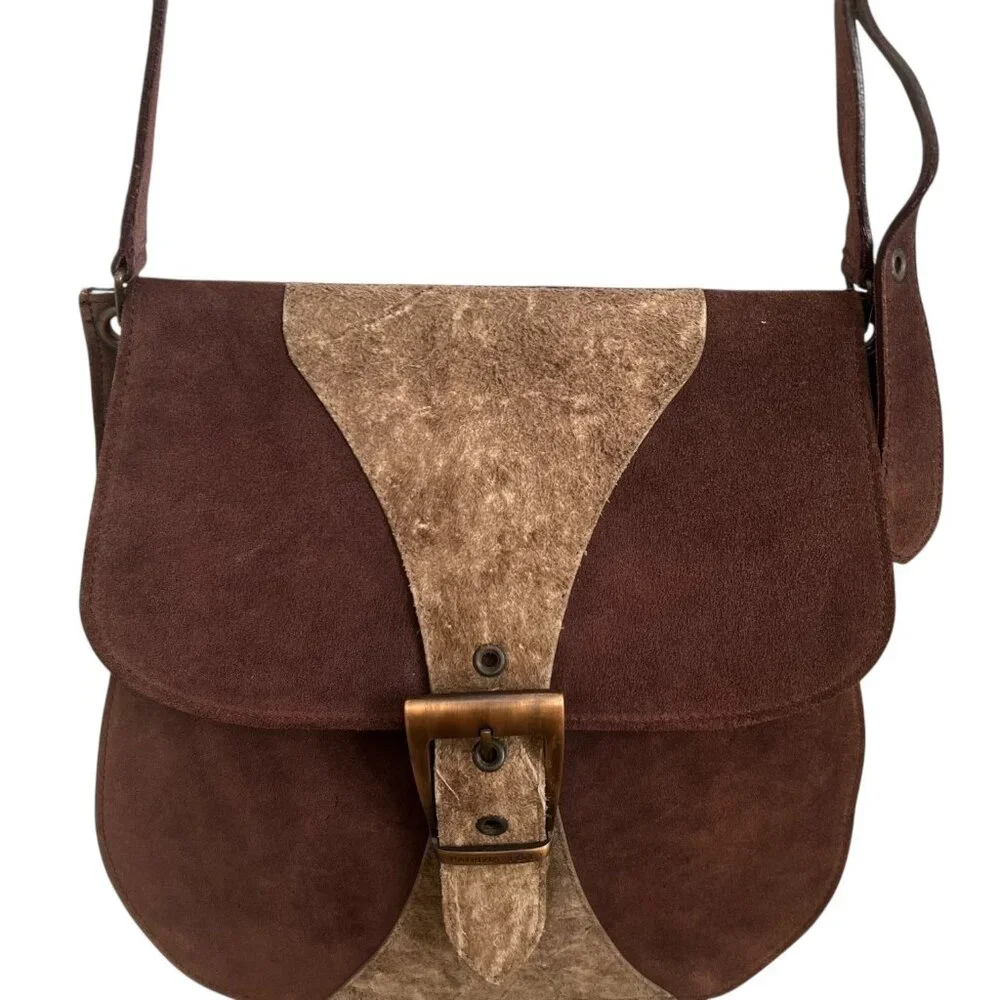 Patrizia Pepe Suede Leather Flap Buckle Crossbody Satchel Brown‎ Western Boho
